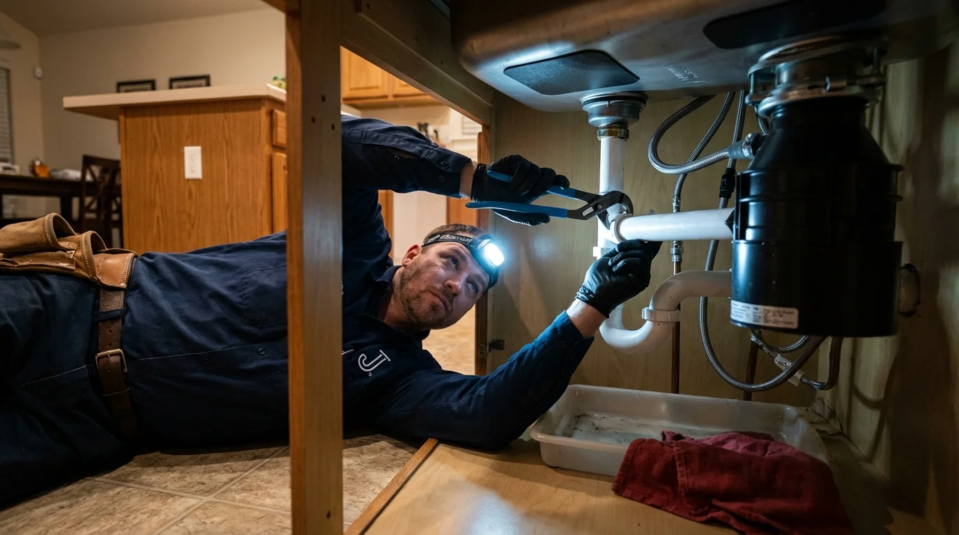 P-trap and supply line connections under a kitchen sink showing a common leak point in Union City, TN